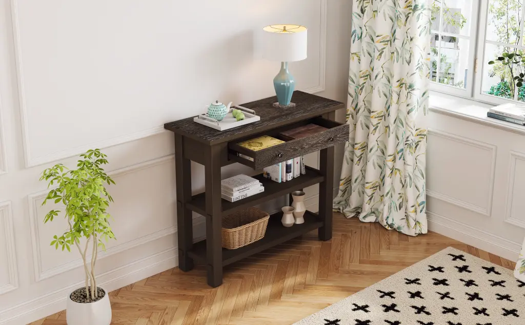Retro Console Table Drawer And Two Robust Shelves Entryway Living Room Hallway rnb