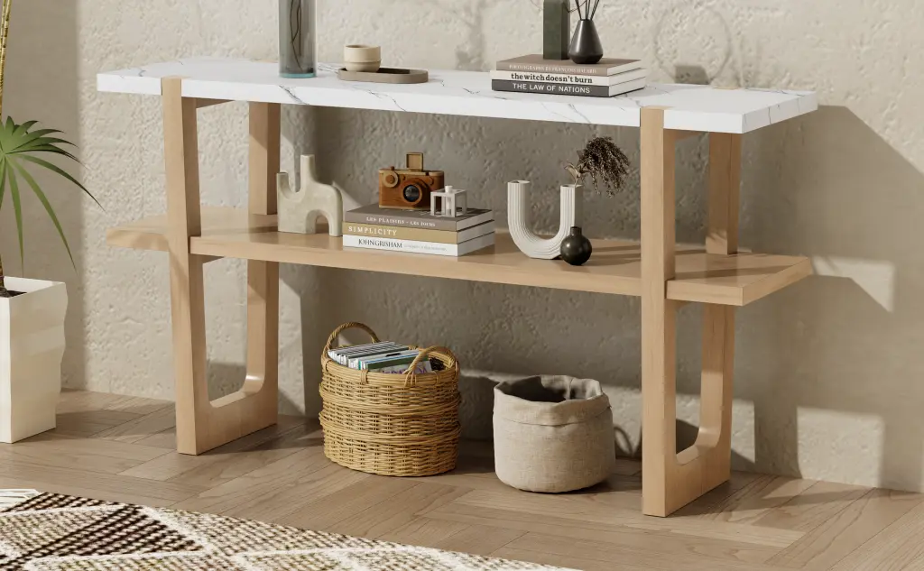 Retro Elegant Console Table Marble Effect Top And Multi-functional Storage rnb