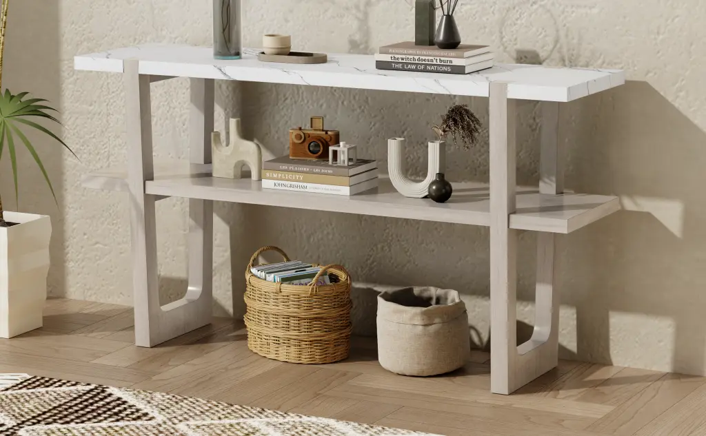 Retro Elegant Console Table Marble Effect Top Multi-functional Storage rnb