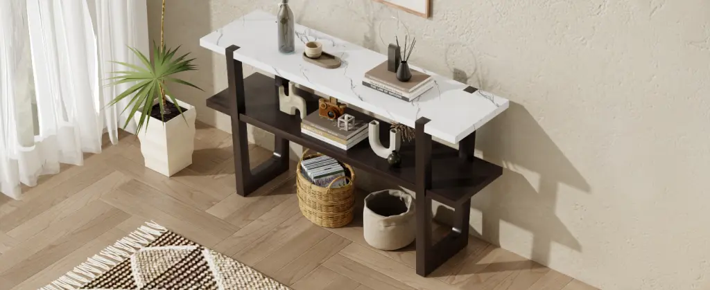 Retro Elegant Console Table Marble Effect Top And Multi-functional Storage rnb