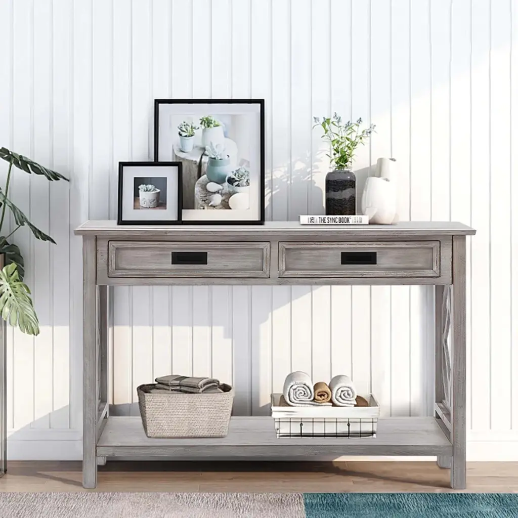 Whitewashed Wood 2 Drawer 1 Shelf Console and Entry Table Natural Finish rnb