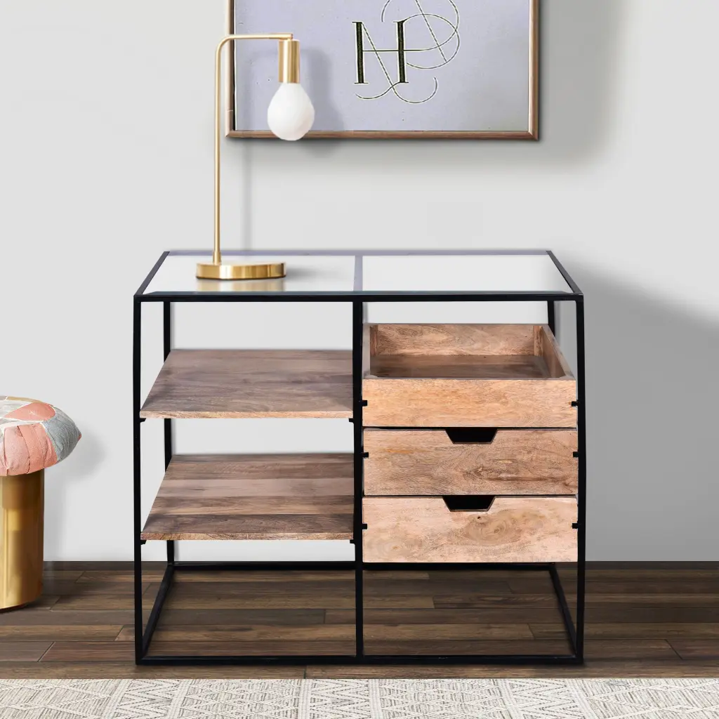 35 Inch Artisan-made Modern Glass Table Storage Shelves and 3 Drawers royal hampton