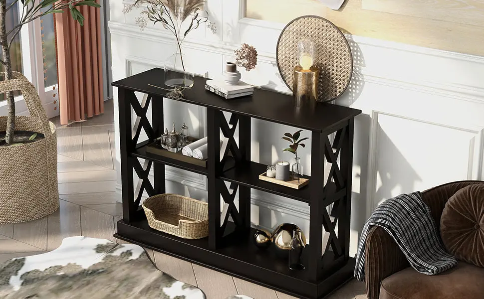 Console Table 3 Tier Open Storage Spaces And X Legs Narrow Sofa Table trexm
