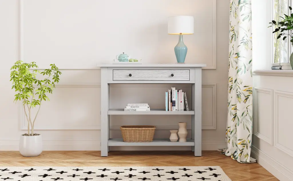 Retro Console Table Drawer And Two Robust Shelves Entryway Living Room Hallway trexm