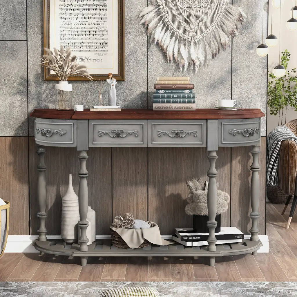 52 Inch Modern Curved Console Table Sofa Table Entryway Hallway Furniture Contemporary Design u_style