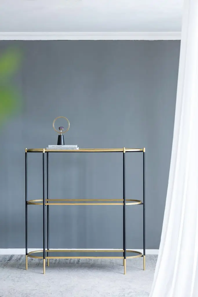 48.5X16.5X50 Inch 3 Tier Metal Console Table Black Gold Mirrored Shelf w2078