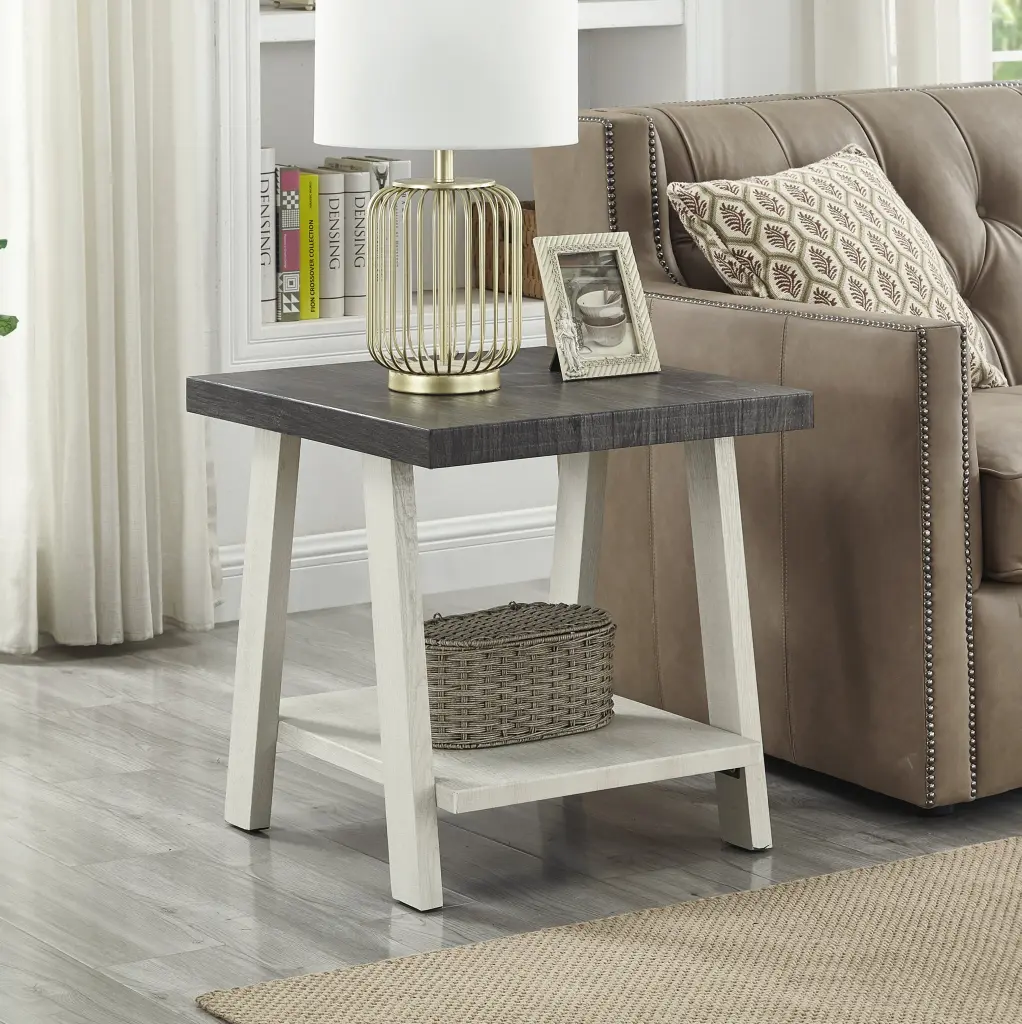 Athens Contemporary Two Tone Wood Shelf End Table - Weathered Charcoal Finish hz
