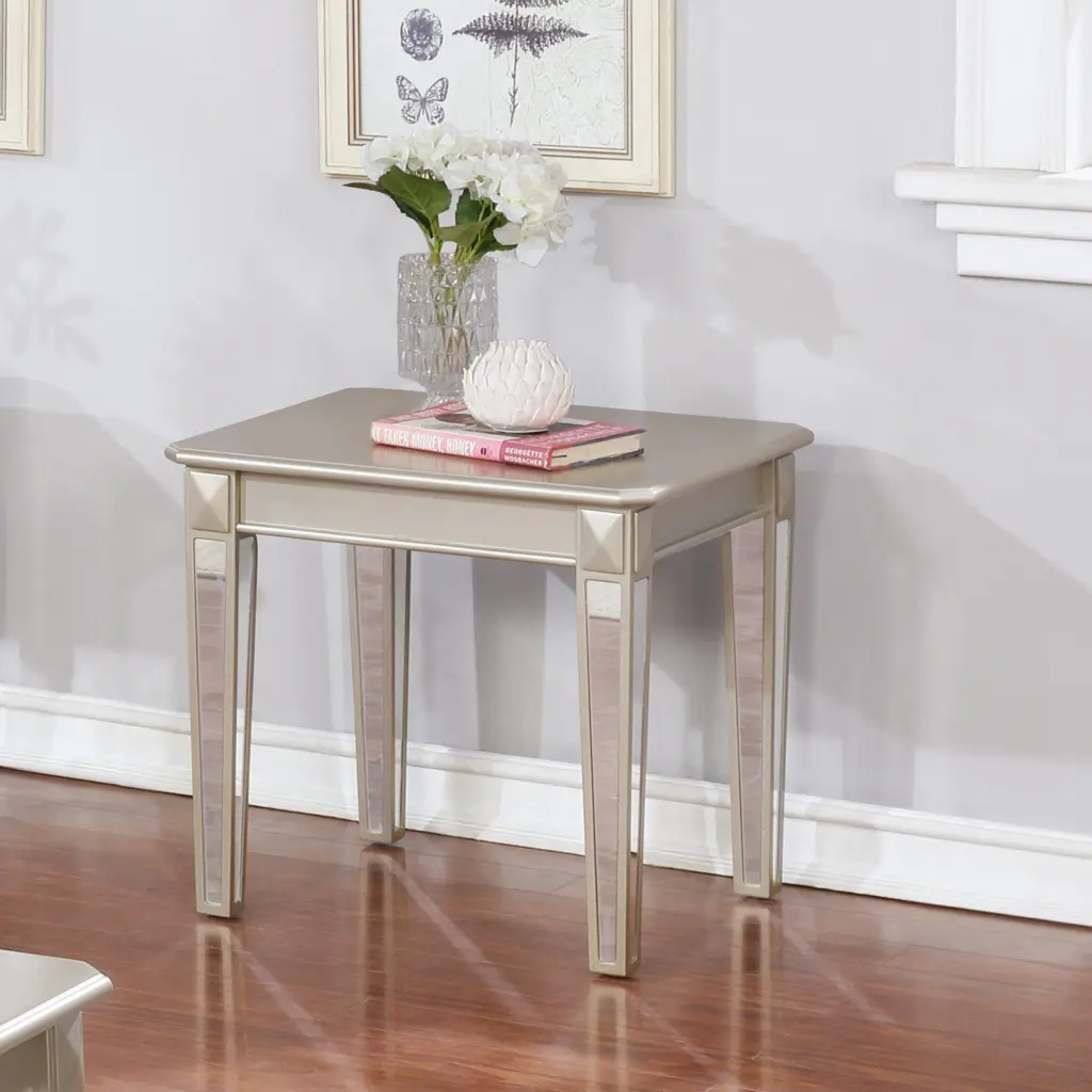 Barent Contemporary Wood End Table Mirrored Legs Champagne Finish hz