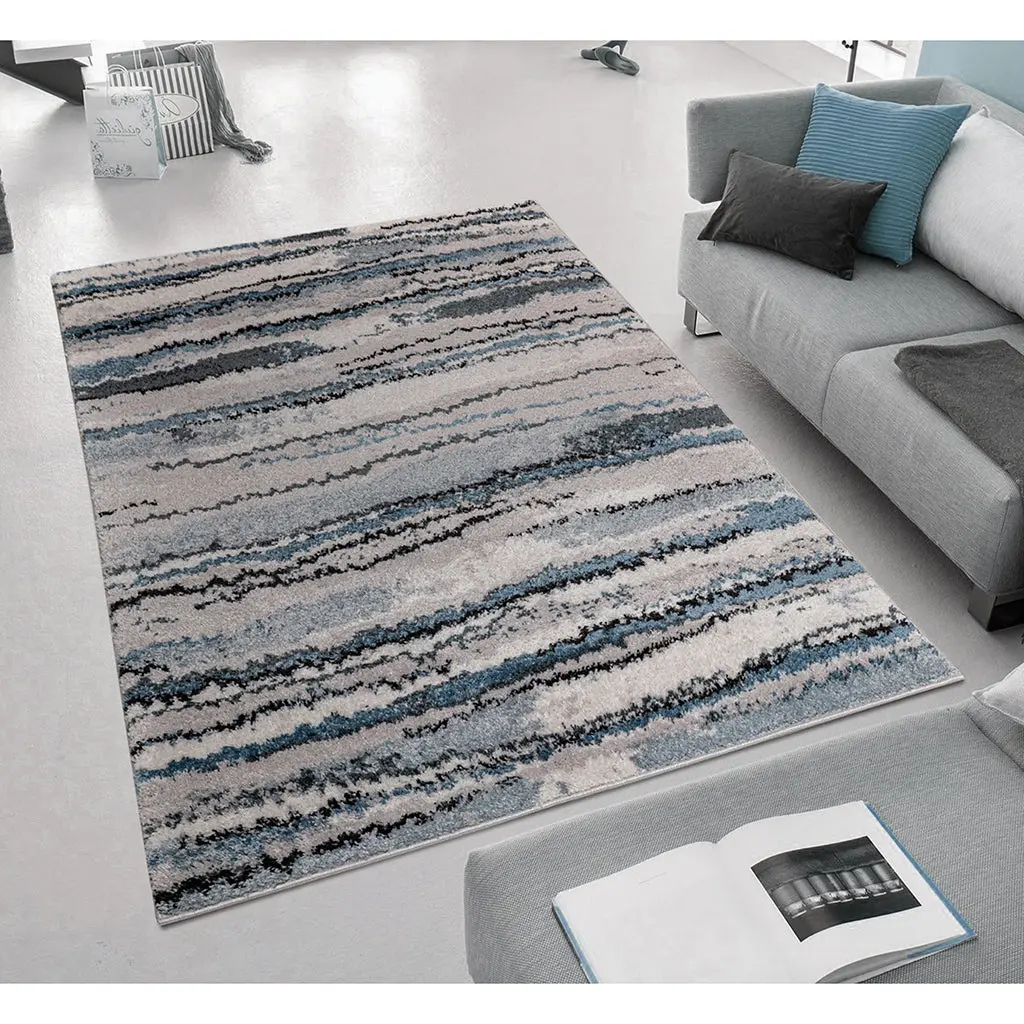 Watercolor Abstract Stripe Woven Area Rug Blue Polyester Living Room Carpet jla