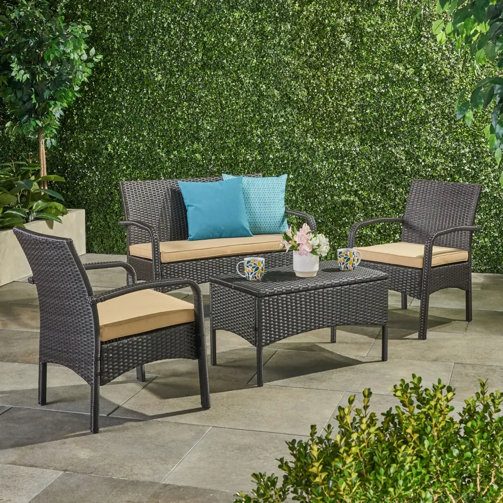 Cordoba KD Wicker 4 Piece Chat Set Brown Tan PE Rattan Iron Waterproof nh-kisa