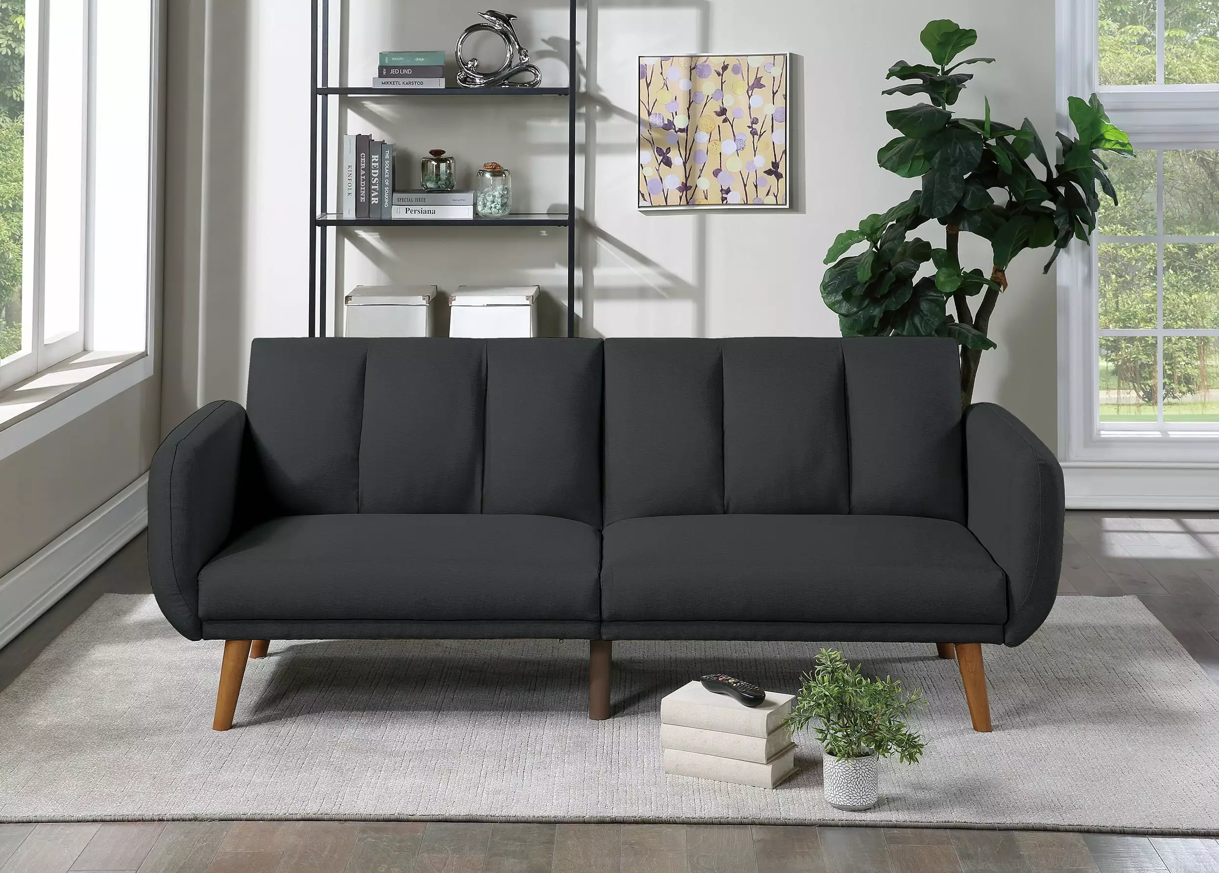 Elegant Modern Sofa Black Polyfiber 1Pc Sofa Convertible Bed Wooden Legs CNCJ