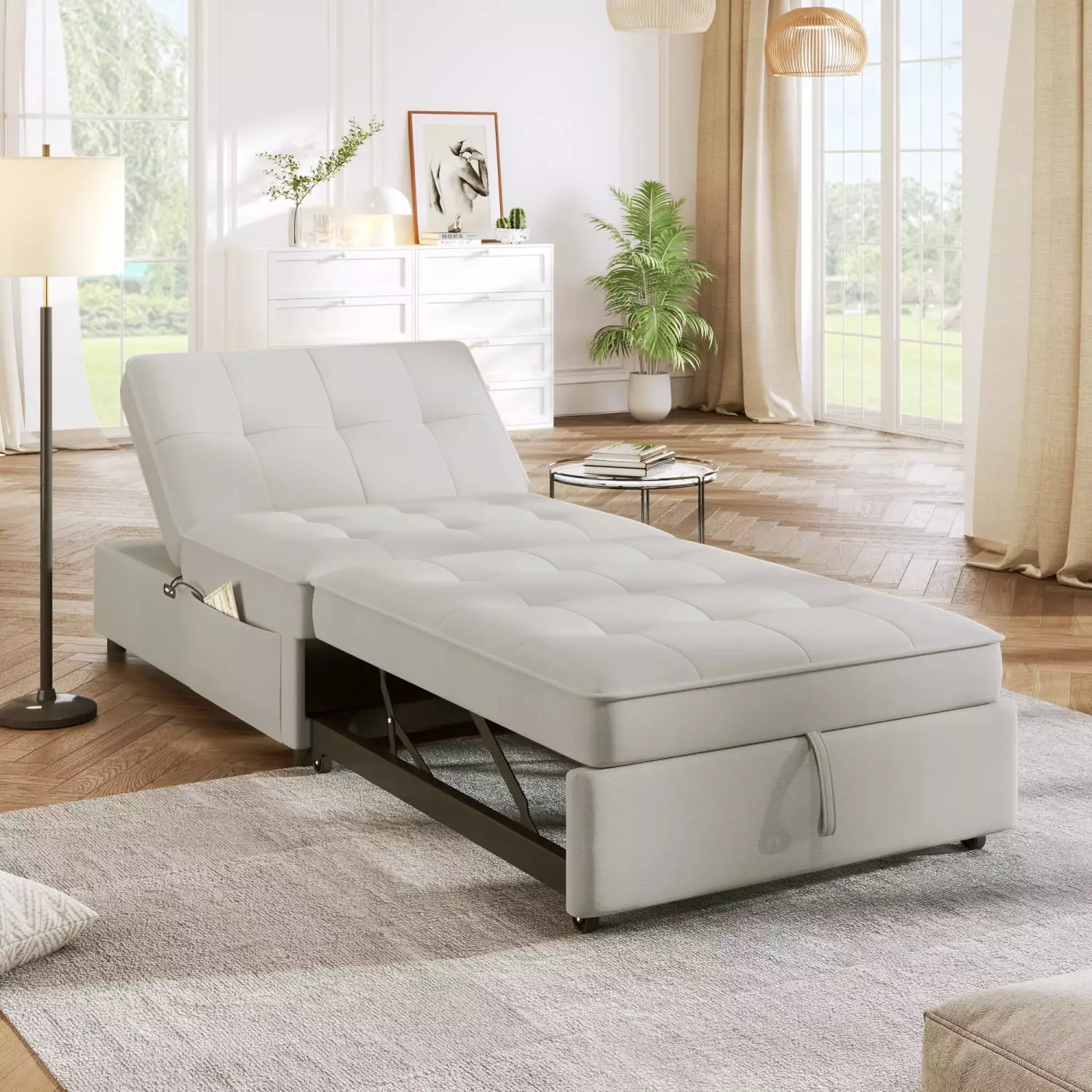 4--1 Sofa Bed Chair Bed Multi-Function Folding Ottoman Bed Storage Pocket and USB Port Beige - Stylish Furniture Small Apa...