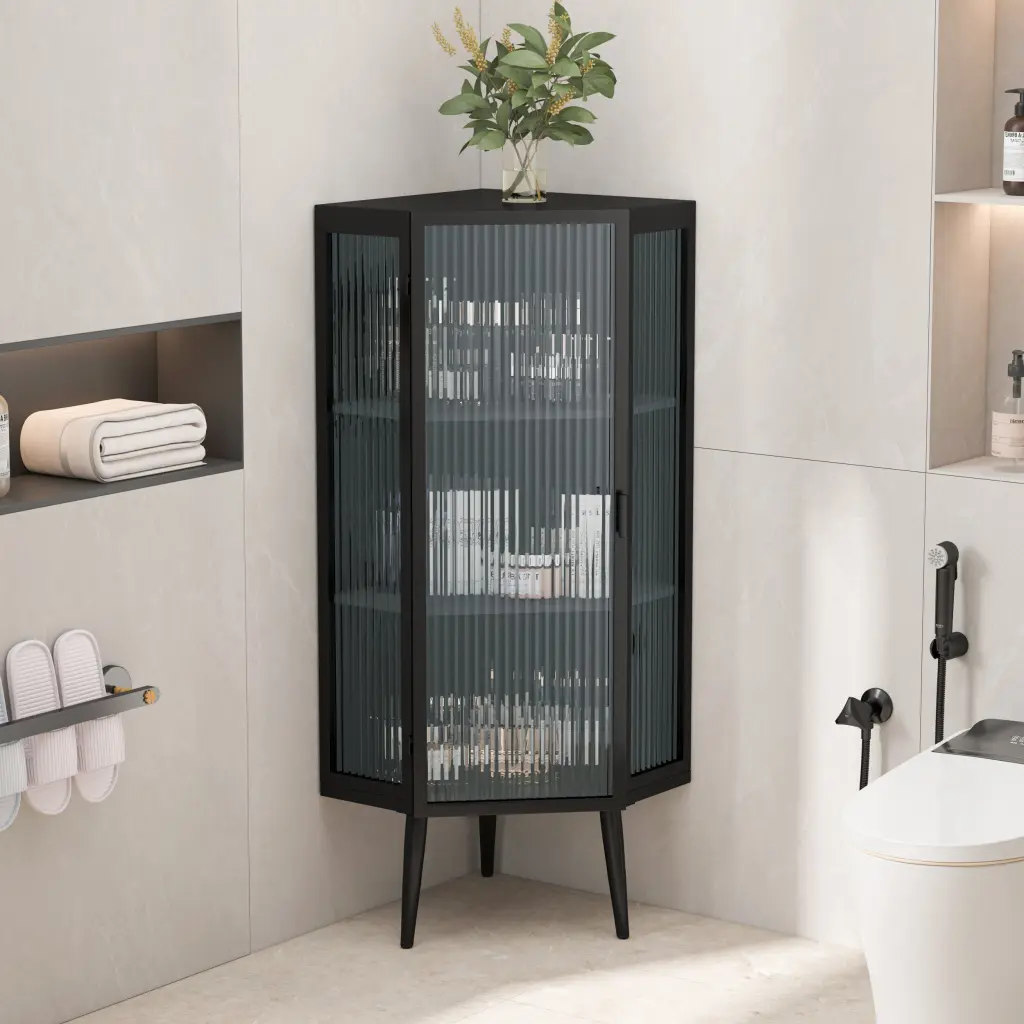 22.25'' Floor Corner Cabinet Three Tiers Tempered Glass Doors And Shelves rnb