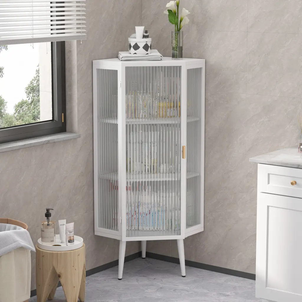 22.25 Inch Floor Corner Cabinet Three Tiers Tempered Glass Doors rnb