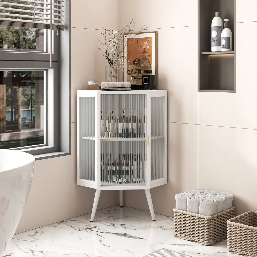 22.25 Inch Floor Corner Cabinet Tempered Glass Door And Storage Shelves spribung