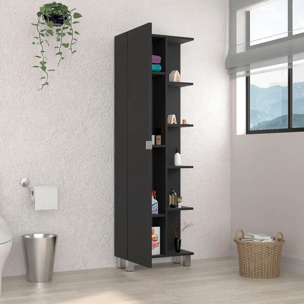 Corner Cabinet Womppi Five Open Shelves Single Door Black Wengue Finish treevol furniture