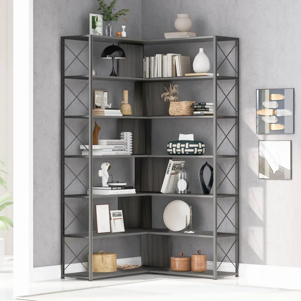 Silver Grey 7 Tier Bookcase Home Office Bookshelf L Influenced Corner Shelf by