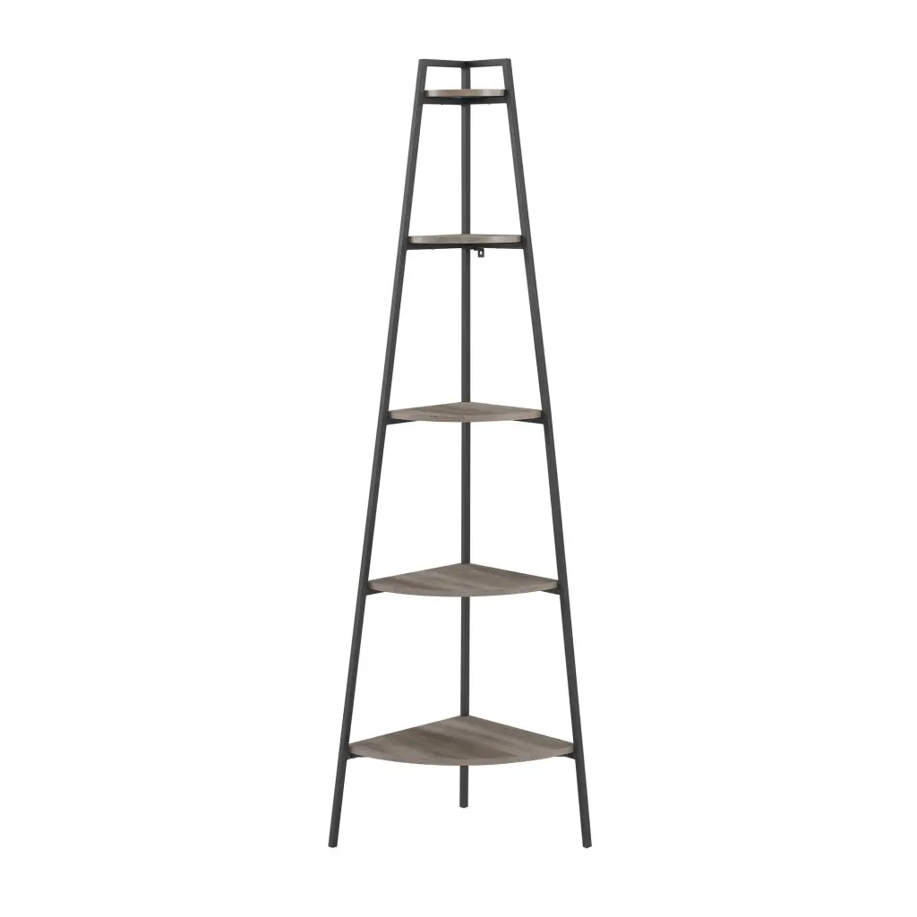 Modern Industrial Metal and Wood Corner Bookshelf Grey Wash Finish walker edison