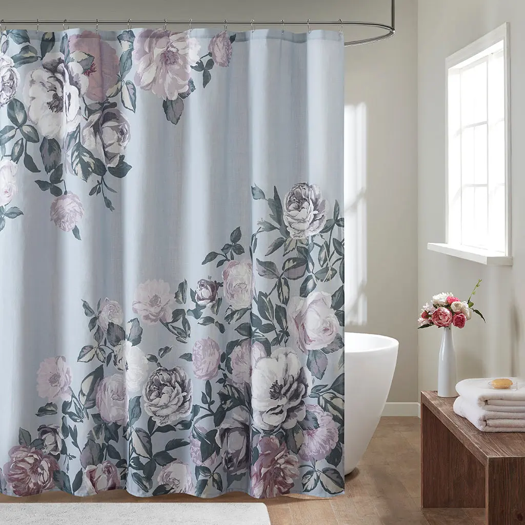 Cotton Floral Printed Shower Curtain Grey Cotton Bathroom Decor jla