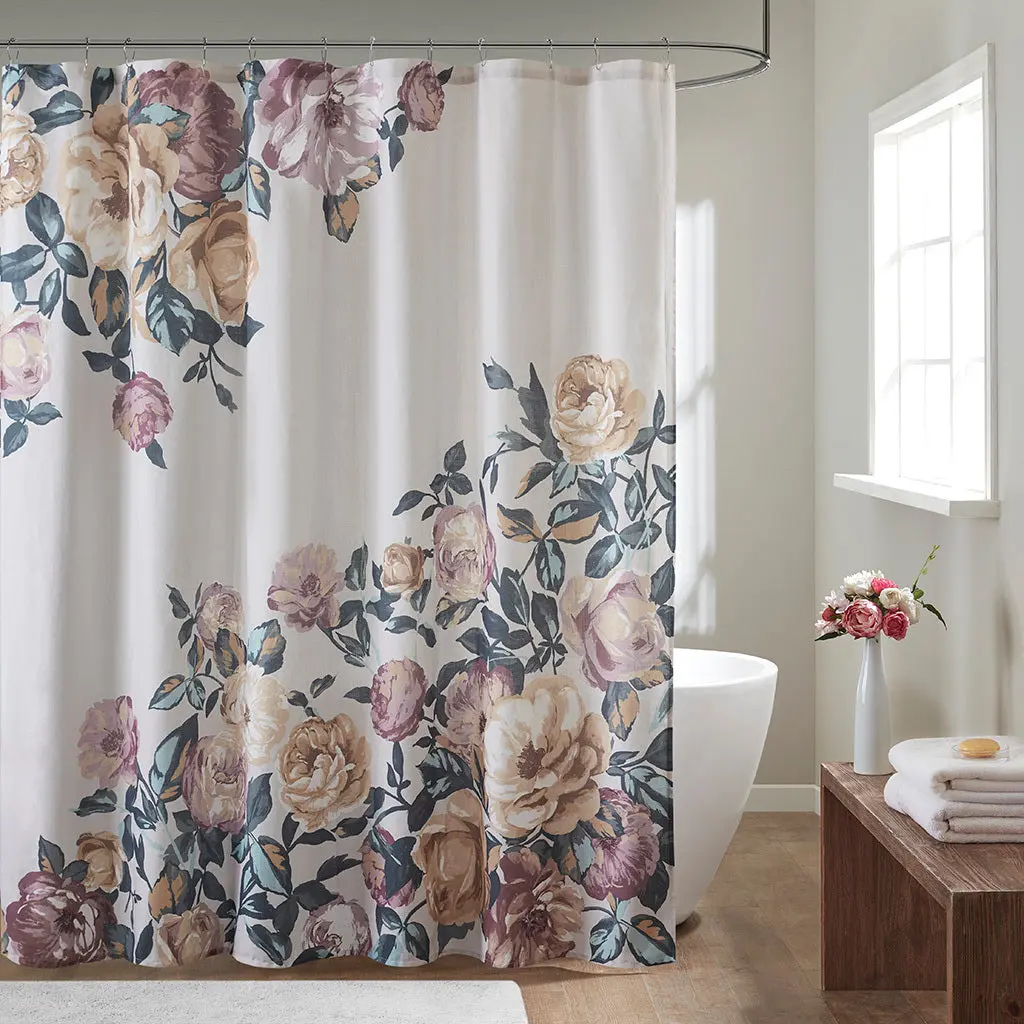 Cotton Floral Printed Shower Curtain Ivory Bathroom Decor jla