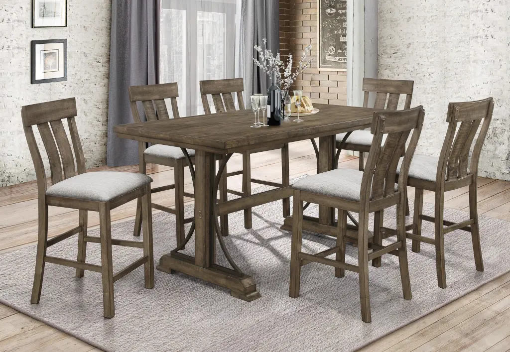 7Pc Counter Height Dining Set Rustic Light Brown Finish Trestle Base kanepe