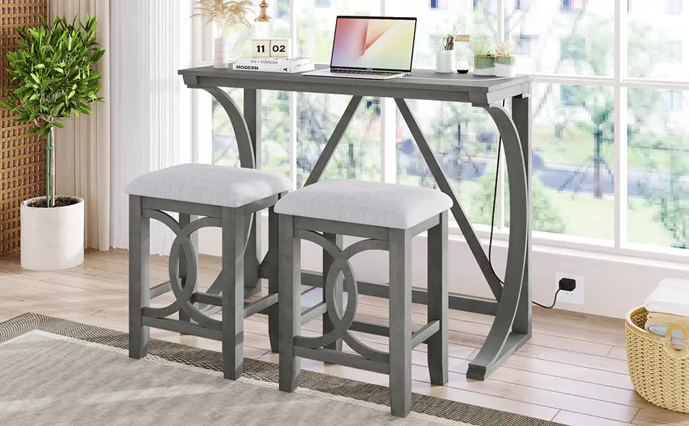 Farmhoutilize 3 Piece Counter Height Dining Table Set USB Port and Upholstered Chairs topmax
