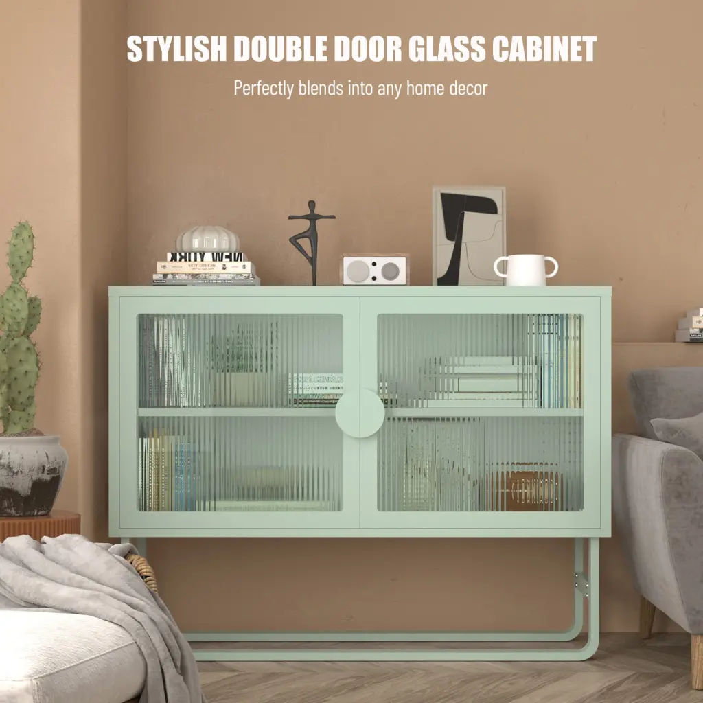 Chic Tempered Glass Cabinet Credenza 2 Fluted Glass Doors Adjustable Shelves rnb