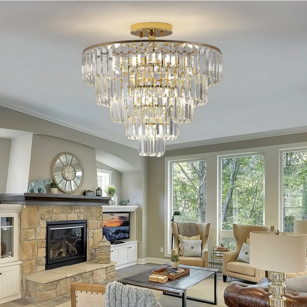 5 Tier Round Semi Flush Mount Gold Crystal Chandeliers Modern Lighting lighting commune