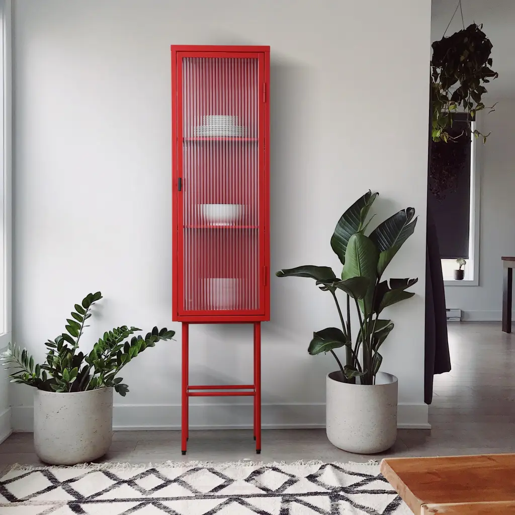 Retro Style Freestanding Metal Tall Presentation Cupboard Glass Door - Vintage Storage Cabinet golden walnut