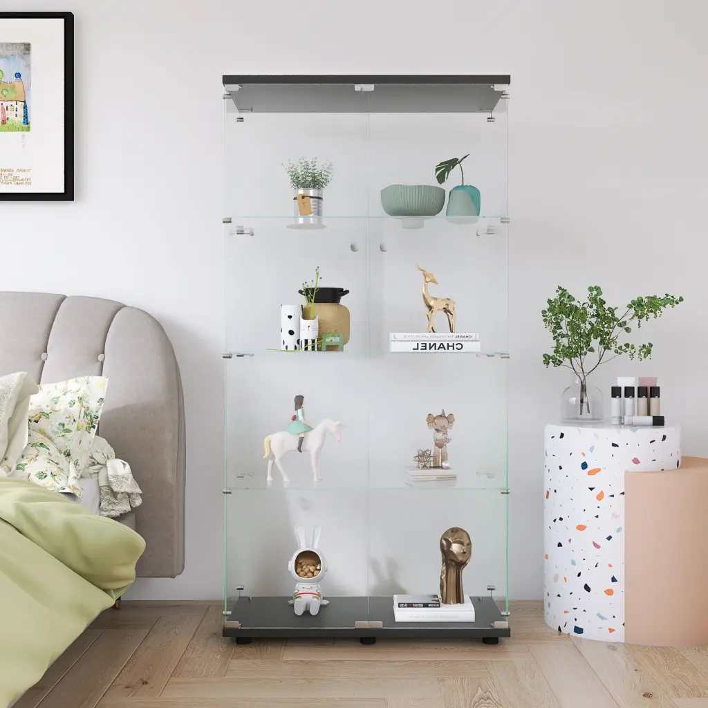 Two Door Glass Display Cabinet 4 Shelves Floor Standing Curio Cabinet fly