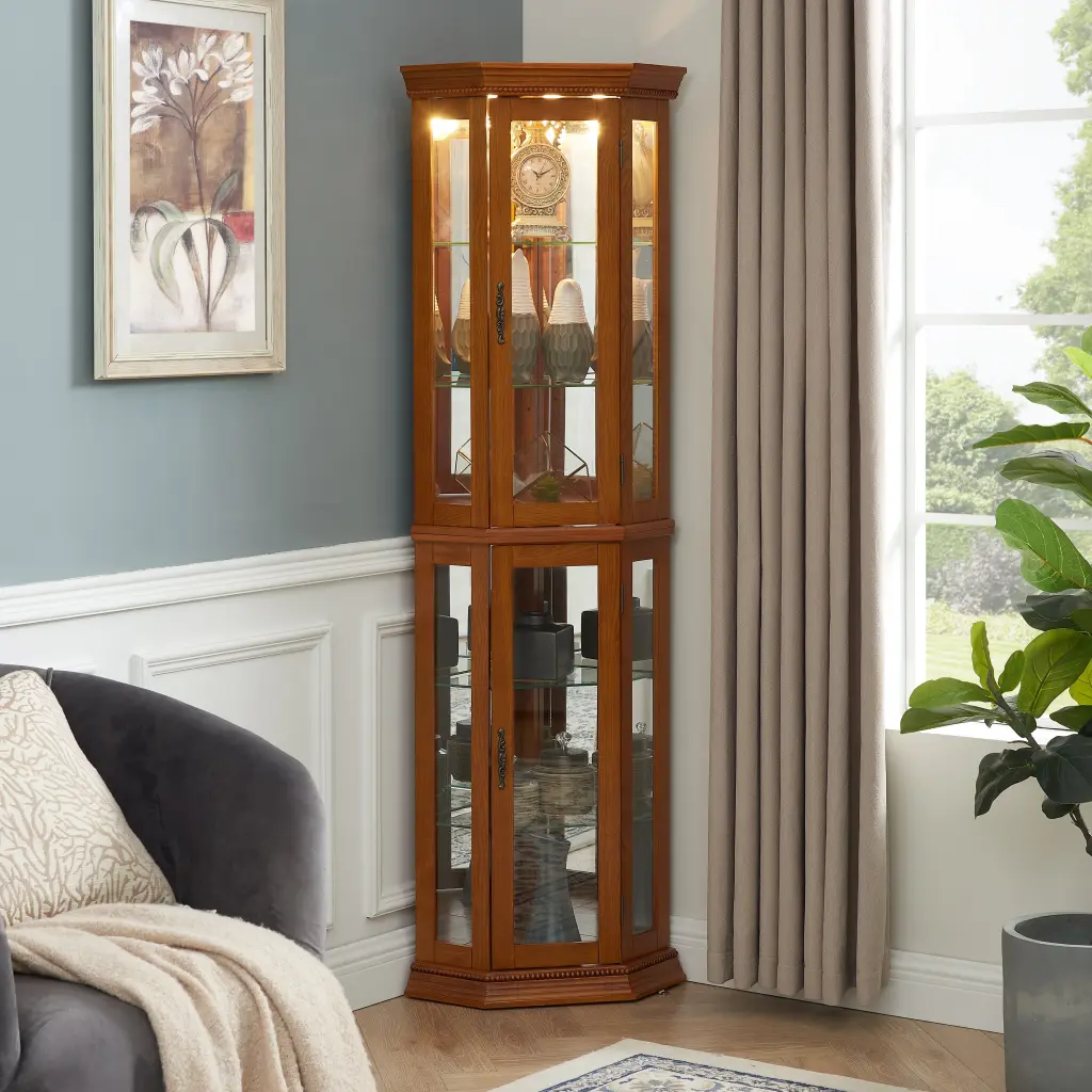 Corner Curio Cabinet Lights Adjustable Tempered Glass Shelves Modern Display harmony