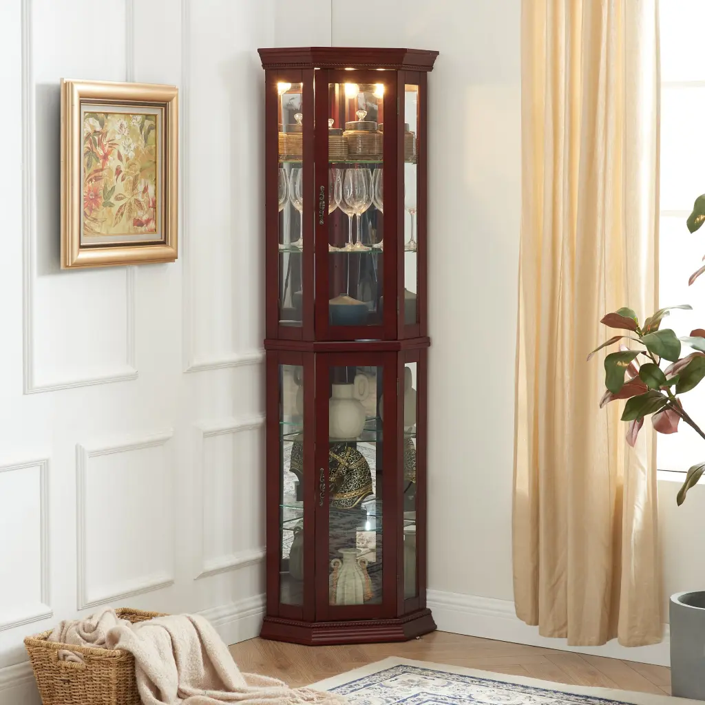 Corner Curio Cabinet Lights Adjustable Tempered Glass Shelves Modern harmony