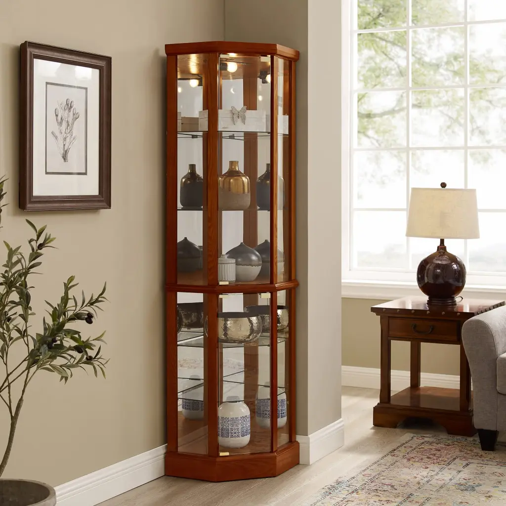 6 Shelf Lighted Corner Curio Cabinet Adjustable Tempered Glass Showcase Display harmony