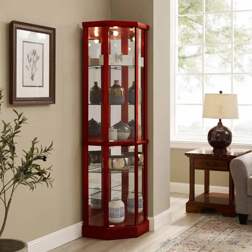 6 Shelf Lighted Corner Curio Cabinet Adjustable Tempered Glass Shelves harmony