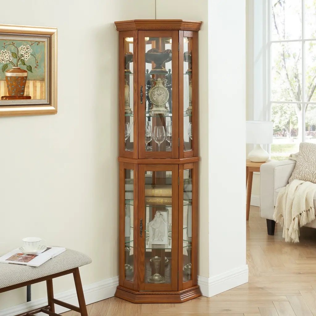 Corner Curio Cabinet Lighted Glass Presentation Shelf Display rnb