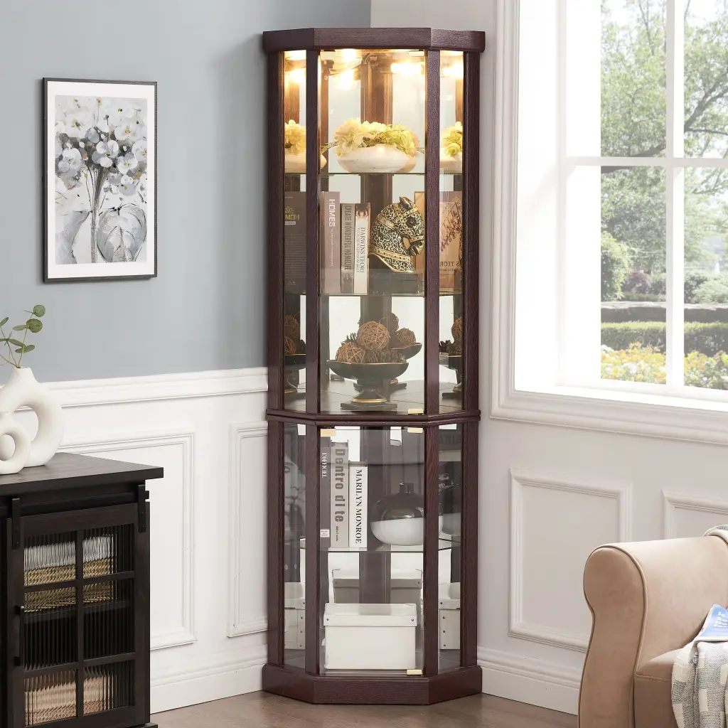 Corner Lighted Curio Cabinet Glass Display Cabinet Collectibles rnb