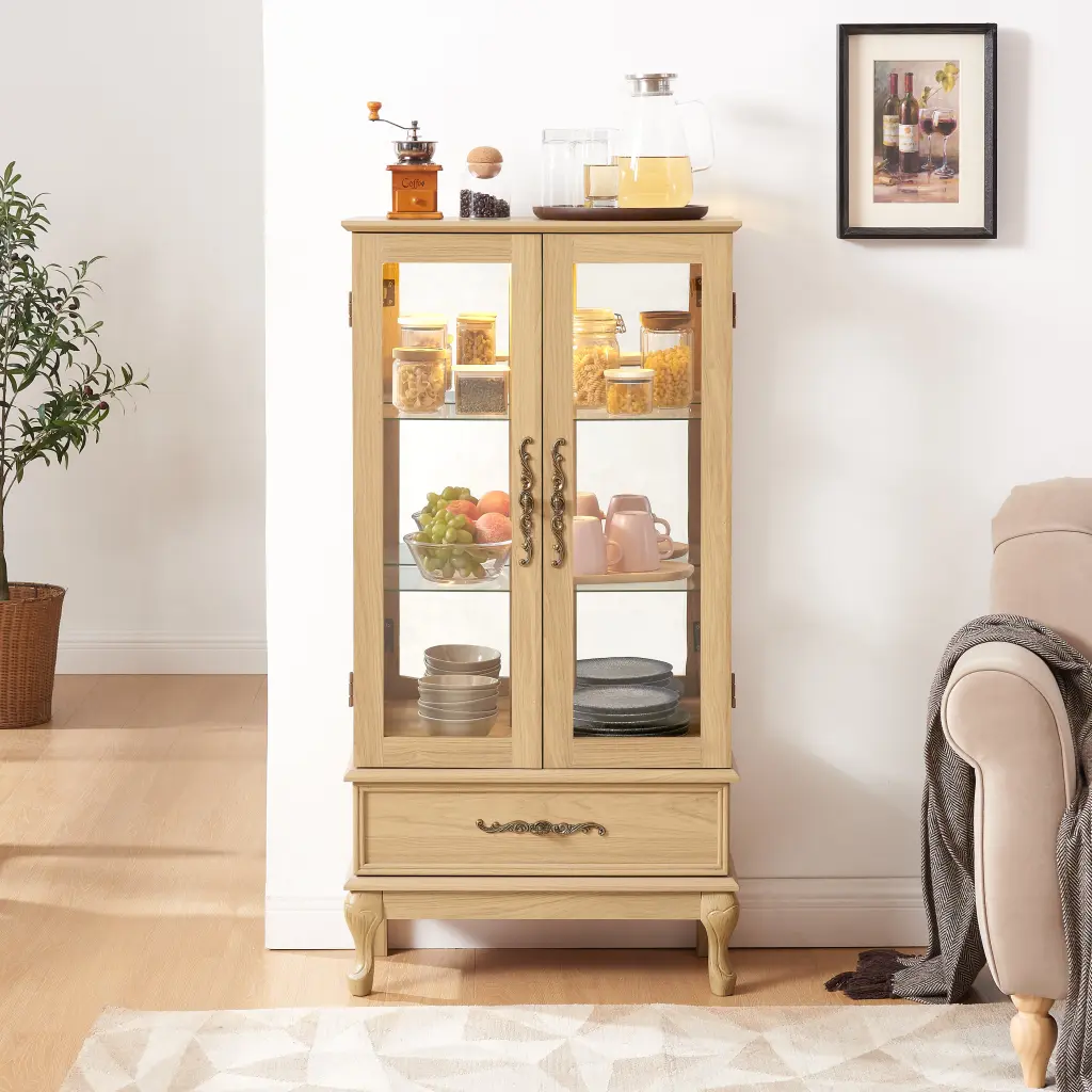 Curio Cabinet Lighted Glass Display Cabinet Wine and Collectibles wande furniture