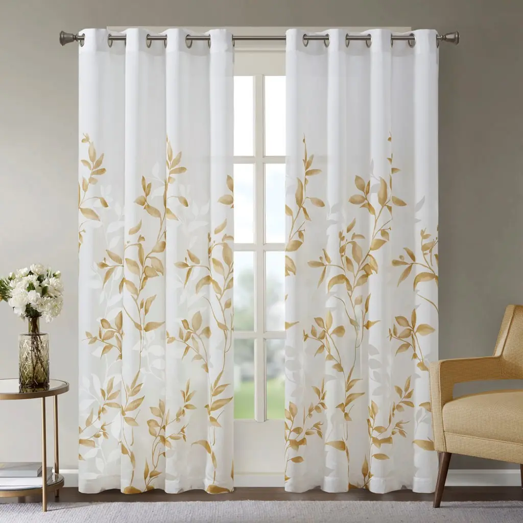Burnout Printed Curtain Panel Ivory and Gold - Polyester Window Treatment jla