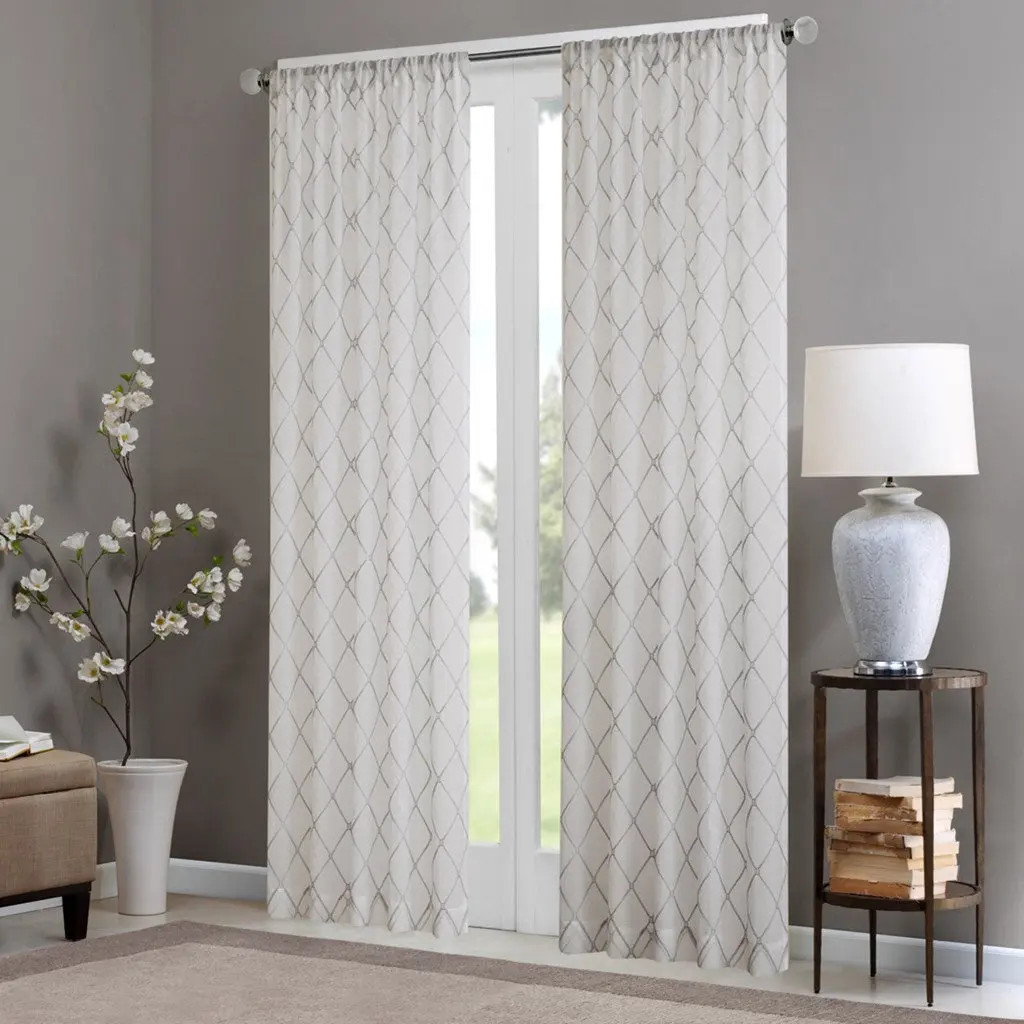 Diamond Sheer Window Curtain Panel Only 1 Pc White Gray Polyester jla