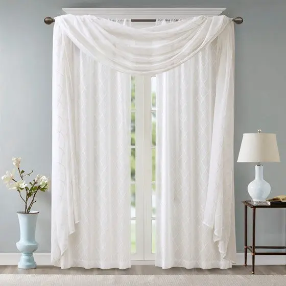 Diamond Sheer Embroidered Window Scarf White Polyester Living Room Decor jla