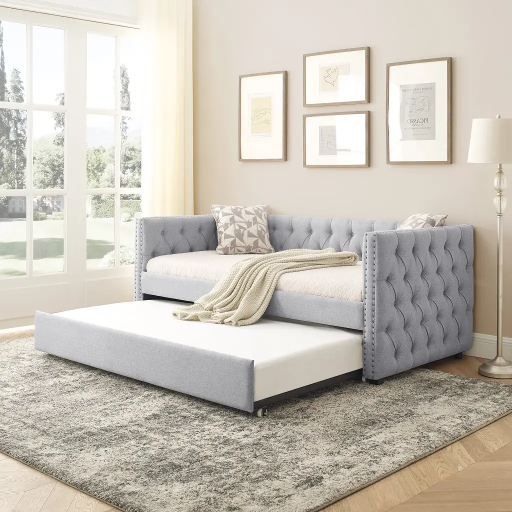 Daybed Trundle Upholstered Tufted Sofa Bed Button And Copper chuangyuan smart home