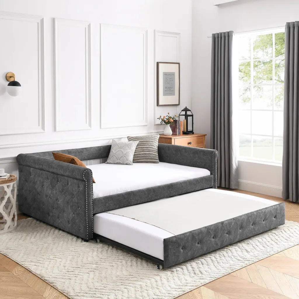 Daybed Trundle Upholstered Tufted Sofa Bed Button And Copper Legs chuangyuan smart home