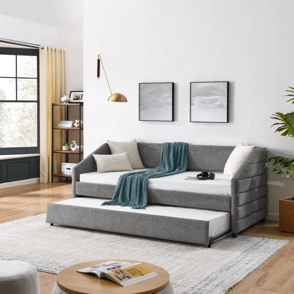 Twin Size Daybed Trundle Upholstered Tufted Sofa Bed, Linen Fabric - Space Saving Guest Bed chuangyuan smart home