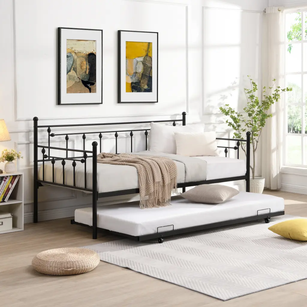 Daybed Trundle Black Metal Frame Twin Size Sleeper Sofa civilfurniture
