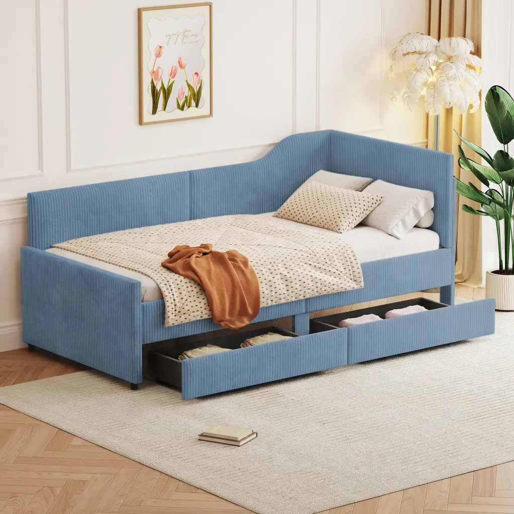 Twin Size L Influenced Corduroy Daybed Upholstered Bed Frame 2 Storage Drawers homey life