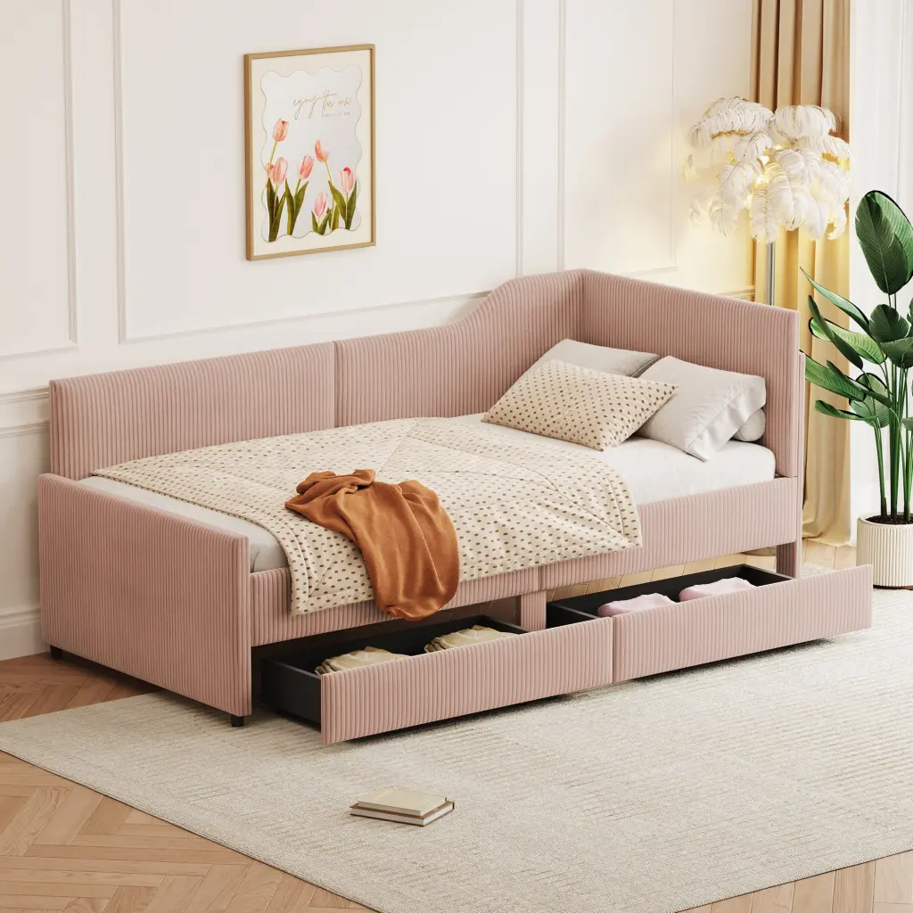 Twin Size L Influenced Corduroy Daybed Upholstered Bed Frame 2 Storage homey life