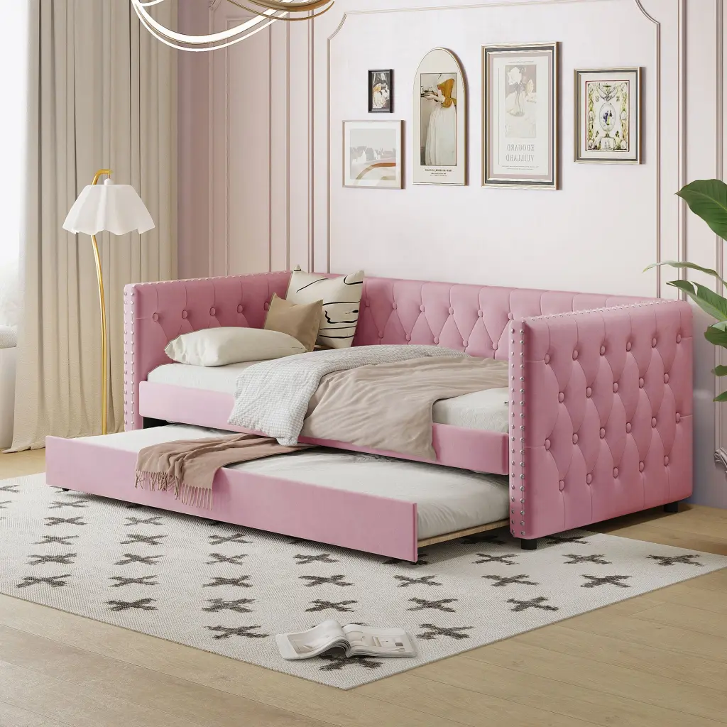 Twin Size Tufted Upholstered Daybed Trundle Velvet Sofa Bed homey life