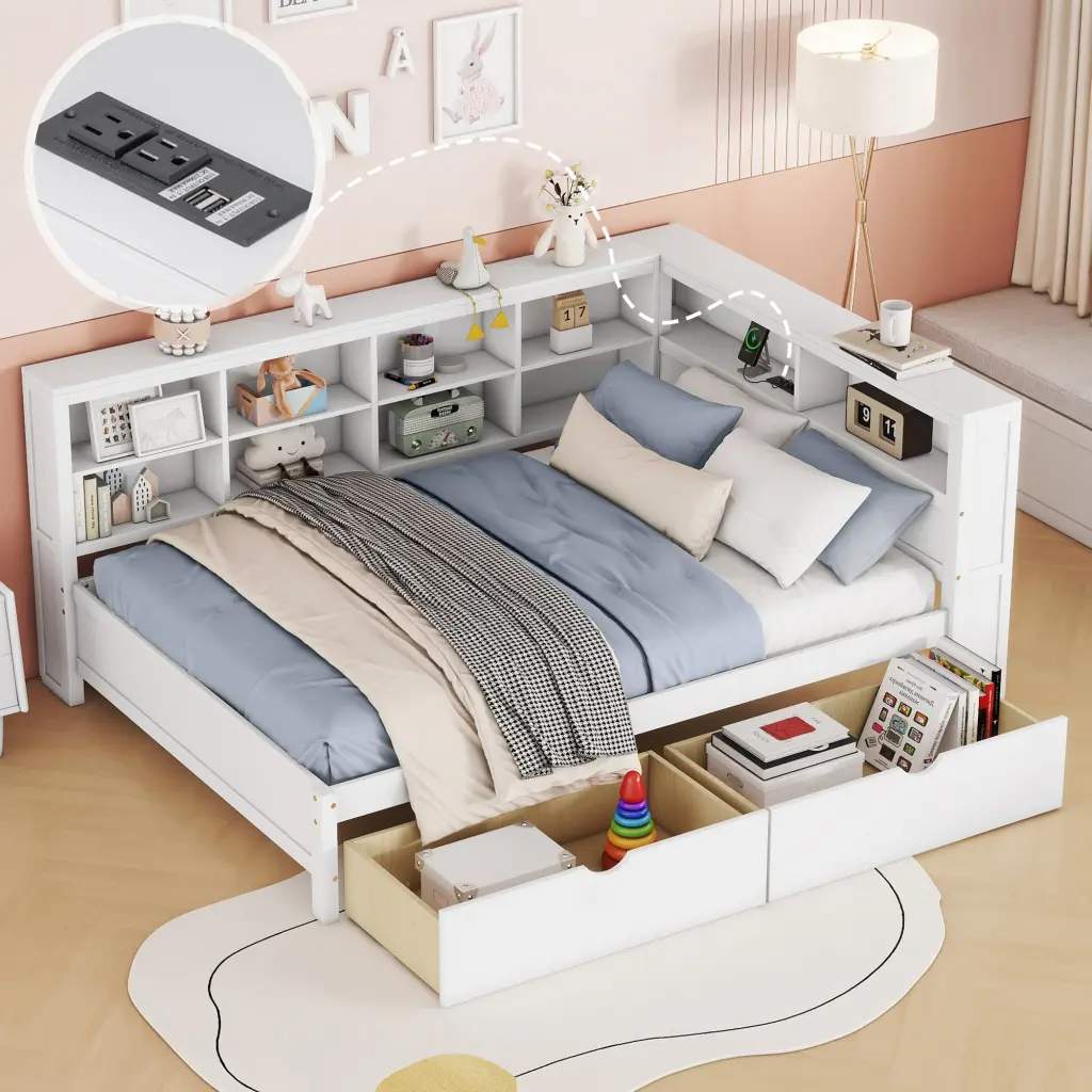 Wooden Full Size Daybed 2 Drawers Storage Shelf And Trundle homey life