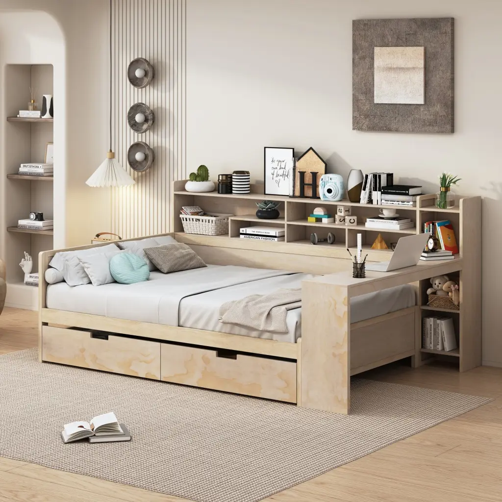 Wooden Full Size Daybed Storage Shelves Multi Practical Bed homey life