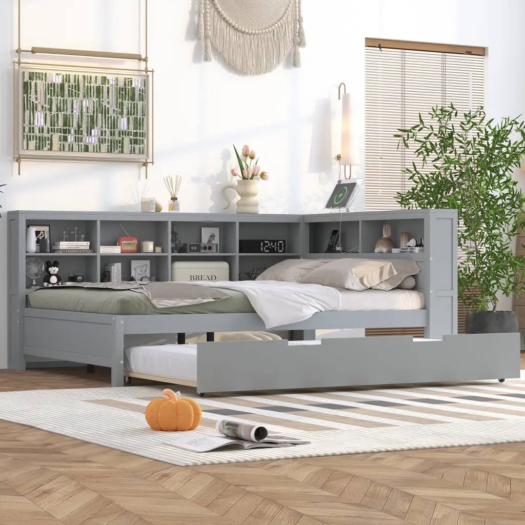 Wooden Full Size Daybed Twin Size Trundle and Storage Shelves homey life